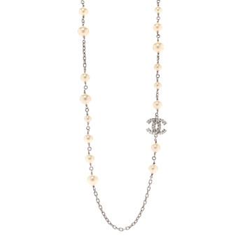 CHANEL Pearl Baguette Crystal CC Long Necklace Silver