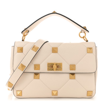VALENTINO GARAVANI Grained Calfskin Large Roman Stud Shoulder Bag Light Ivory