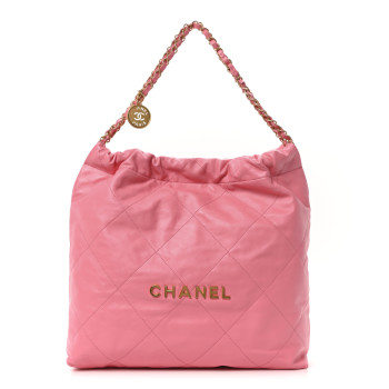 CHANEL Shiny Calfskin Quilted Chanel 22 Drawstring Bag Coral Pink