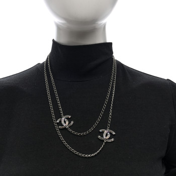 CHANEL Crystal Baguette CC Double Strand Necklace Silver