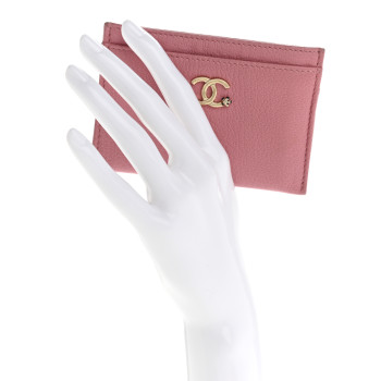 CHANEL Goatskin CC Camellia Card Holder Pink