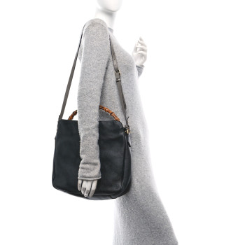 GUCCI Softy Wonka Textured Dollar Calfskin Large Diana Bamboo Shoulder Bag Black