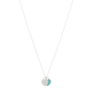 TIFFANY Sterling Silver Enamel Return to Tiffany Double Mini Heart Tag Pendant Necklace Blue