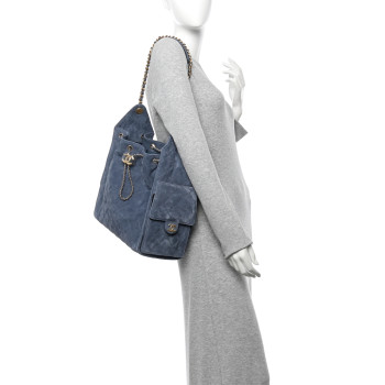 CHANEL Suede Quilted Medium Chanel 25 Handbag Blue