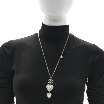 CHANEL Crystal Pearl CC Heart Drop Pendant Necklace Silver