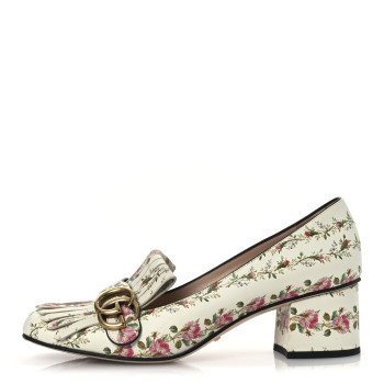 GUCCI Calfskin Rose Print GG Marmont Fringe 50mm Loafer Pumps 39.5 Multicolor