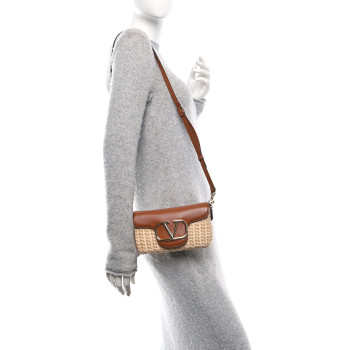 VALENTINO GARAVANI Wicker Calfskin Vlogo Small Loco Shoulder Bag Natural Saddle Brown