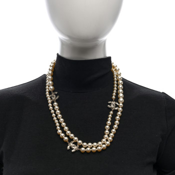 CHANEL Baguette Crystal Pearl CC Long Necklace Gold