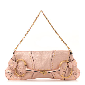 GUCCI Metallic Calfskin Studded Horsebit Clutch Bag Pink