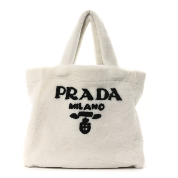 PRADA Shearling Logo Tote White Black