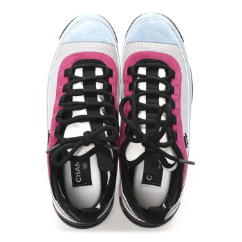 CHANEL Fabric Suede CC Sneakers 40 Light Grey Light Blue Fuchsia