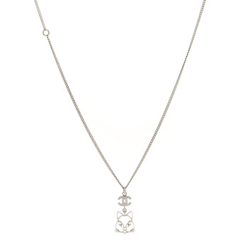 CHANEL Crystal Emoji Choupette Cat Pendant Necklace Silver