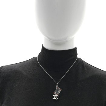 CHANEL Metal Resin Cassette CC Charm Necklace Silver Black