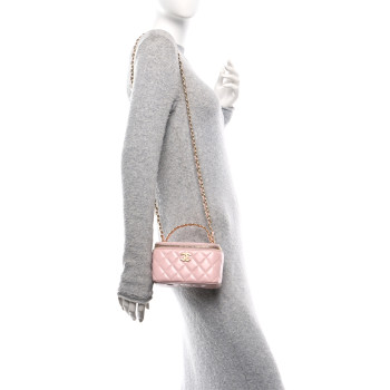 CHANEL Lambskin Quilted Small Top Handle Vanity Case With Chain Light Pink