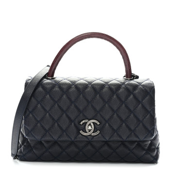 CHANEL Caviar Lizard Quilted Small Coco Handle Flap Navy Blue