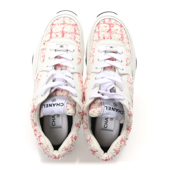 CHANEL Tweed Suede Calfskin Womens CC Sneakers 40 Ecru Pink Red White