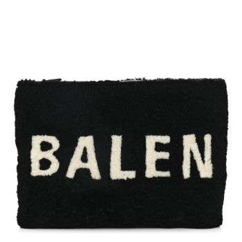 BALENCIAGA Sheepskin Shearling Contrasted Logo Large Zip Pouch Black