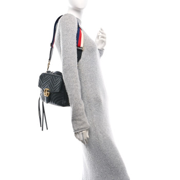GUCCI Calfskin Matelasse Sylvie Web Small GG Marmont Top Handle Shoulder Bag Black