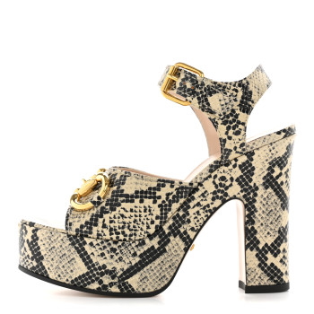 GUCCI Calfskin Snakeskin Print Horsebit 40/135mm Platform Sandals 35.5 Beige Avana