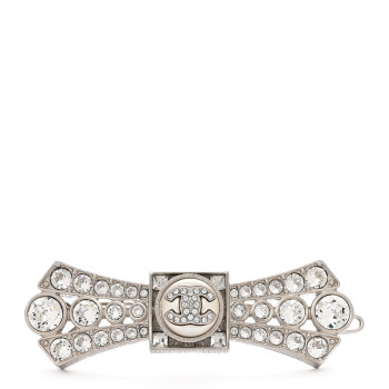 CHANEL Metal Crystal CC Logo Bow Brooch Silver