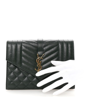 SAINT LAURENT Grain De Poudre Textured Mixed Matelasse Triquilt Monogram Clutch Vert Fonce
