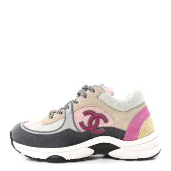 CHANEL Fabric Suede Calfskin CC Sneakers 35 Dark Blue Beige Multicolor