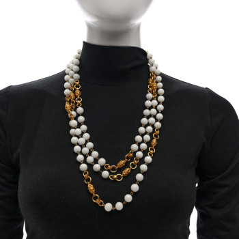 CHANEL Marble Bead CC Long Necklace Gold White
