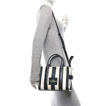 MARC JACOBS Calfskin Striped Small The Traveler Tote Bag Black White