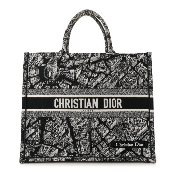 CHRISTIAN DIOR Canvas Embroidered Large Plan De Paris Book Tote Black White