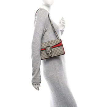 GUCCI GG Supreme Monogram Suede Crystal Small Dionysus Shoulder Bag Beige Ebony Vulcanic Red