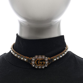 GUCCI Calfskin Crystal Embellished Double G Choker Necklace Black