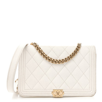 CHANEL Caviar Quilted Boy Wallet On Chain WOC White