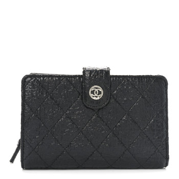 CHANEL Crinkled Patent Quilted Zipped Pocket Wallet Black