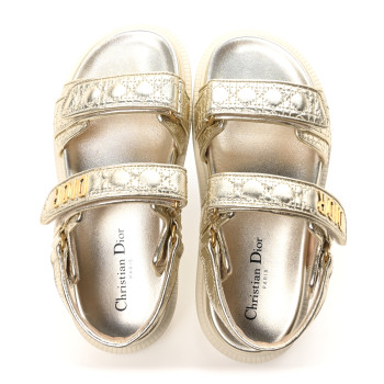 CHRISTIAN DIOR Laminated Sheepskin Cannage Dioract Sandals 38.5 Pale Gold