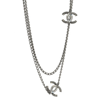CHANEL Crystal Baguette CC Double Strand Necklace Silver