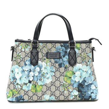 GUCCI GG Supreme Monogram Blooms Small Zippered Tote Blue