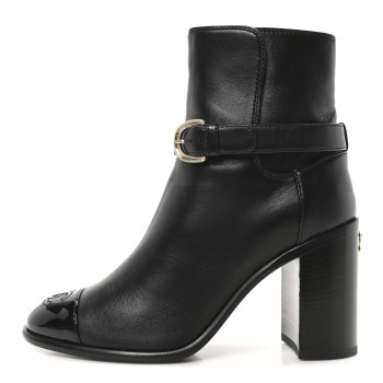 CHANEL Calfskin Patent Cap Toe Interlocking CC Ankle Boots 37 Black