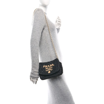 PRADA Yarn Raffia Effect Crochet Logo Shoulder Bag Black
