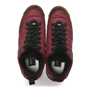CHANEL Nylon Suede Calfskin CC Sneakers 38 Burgundy Brown