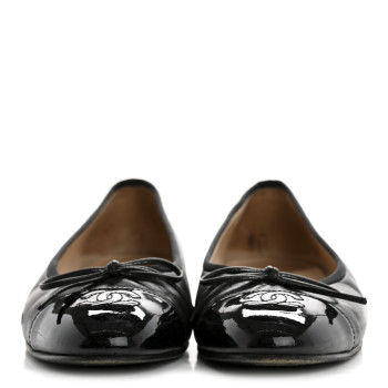 CHANEL Lambskin Patent Cap Toe CC Ballerina Flats 37.5 Black
