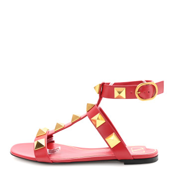 VALENTINO GARAVANI Calfskin Roman Stud Ankle Strap Flat Sandals 38.5 Rosso Valentino