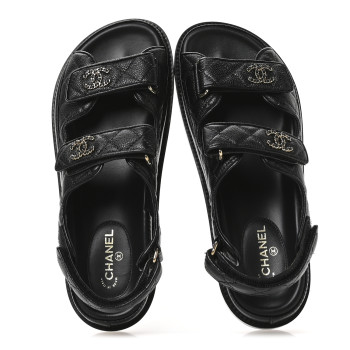 CHANEL Grained Calfskin Velcro Dad Sandals 38 Black
