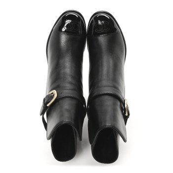 CHANEL Calfskin Patent Cap Toe Interlocking CC Ankle Boots 37 Black