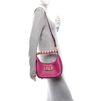VALENTINO GARAVANI Calfskin Stud Sign Zip Hobo Rose Violet