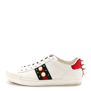 GUCCI Calfskin Web Pearl Studded Womens Ace Sneakers 38.5 White