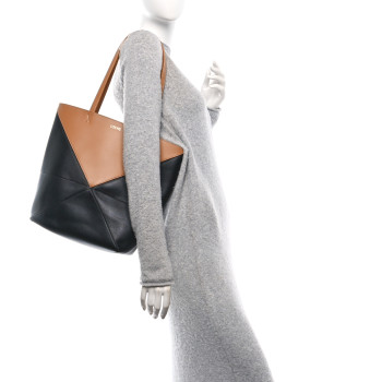 LOEWE Shiny Calfskin Medium Puzzle Fold Tote Warm Desert Black
