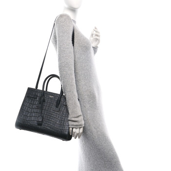SAINT LAURENT Calfskin Crocodile Embossed Small Sac de Jour Black