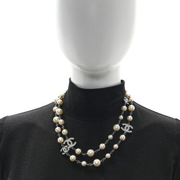 CHANEL Crystal Pearl CC Long Necklace Silver