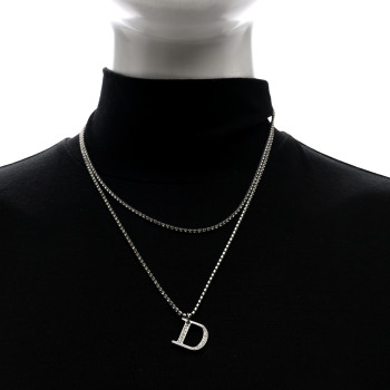 CHRISTIAN DIOR Crystal D Double Chain Necklace Silver