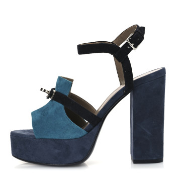 HERMES Suede Goatskin Calas Sandals 37.5 Vert Oxford Bleu Celeste Black